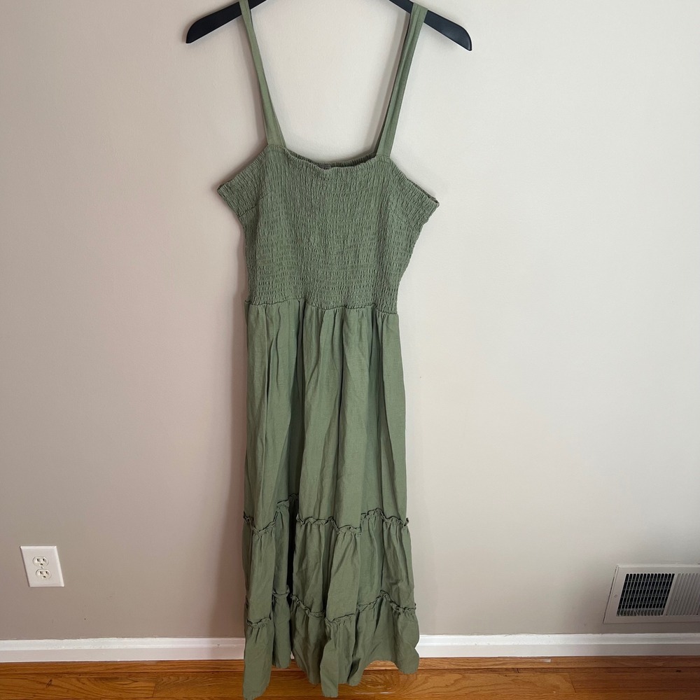 Olive Green Smocked Tiered Linen Blend Maxi Dress XL Coastal Boho Garden Fairy